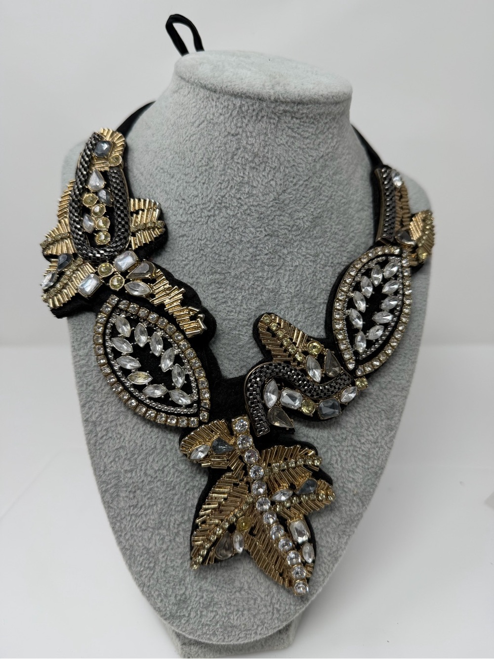 Black and Gold Crystal Leaf Bib Necklace